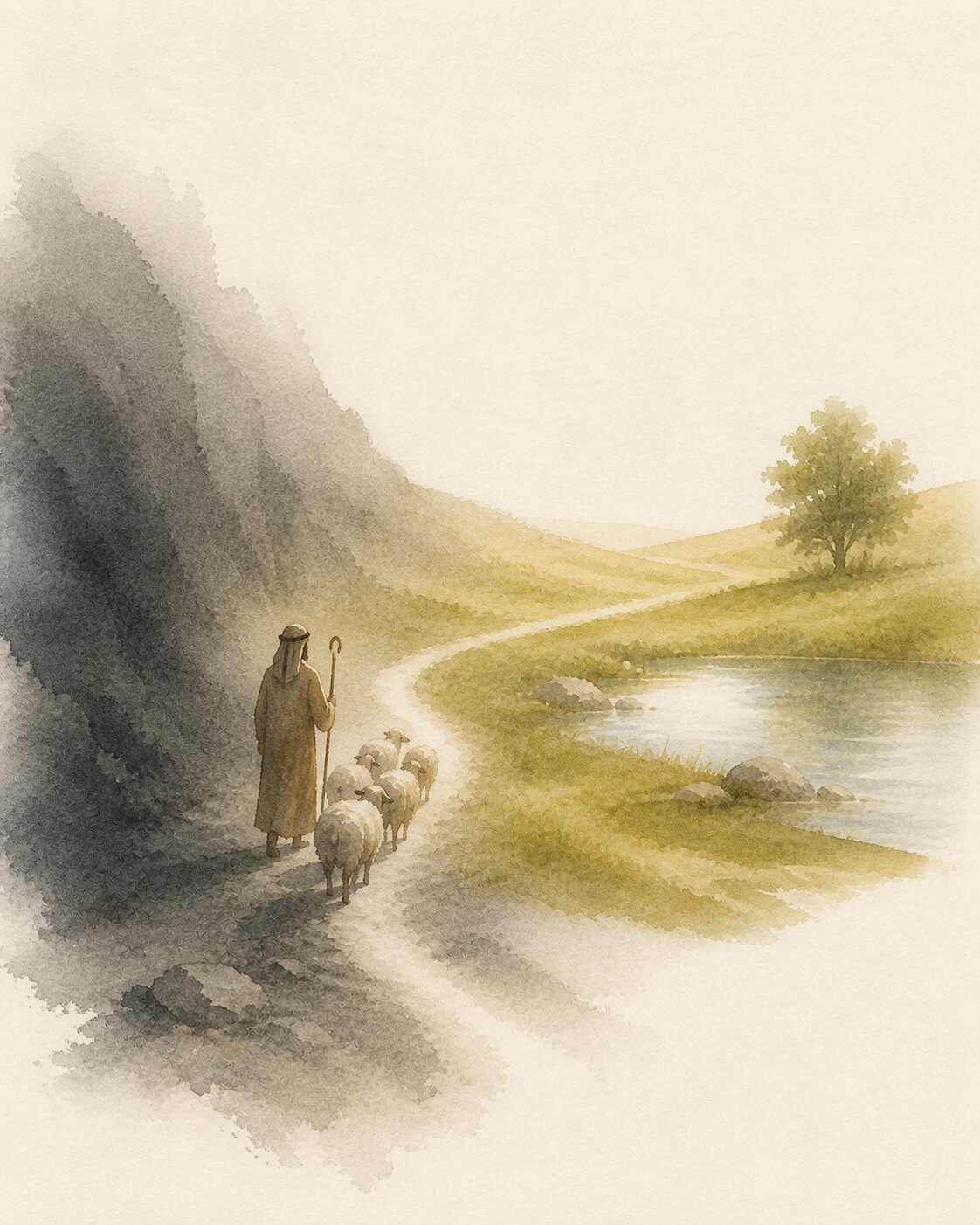 Watercolor scene of a shepherd leading sheep through a valley